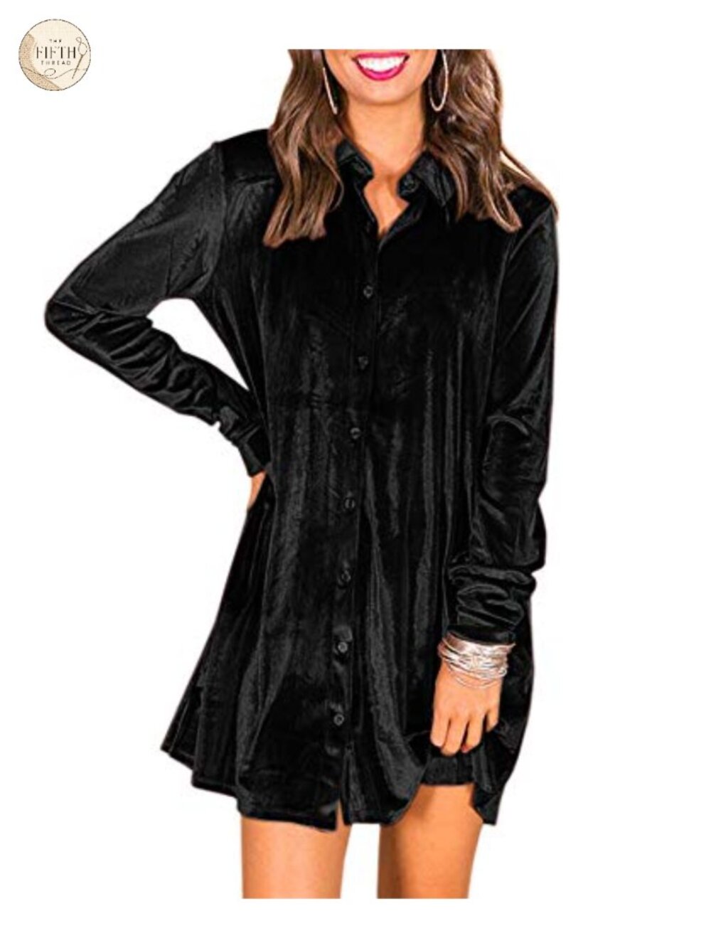 Velvet Button Down Long Sleeve Tunic Top Swing Mini Dress with Pockets